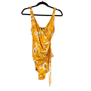 Women’s Size 8 Nip Tuck Yellow Floral One Piece Cinched Waist Tie Swimsuit EUC